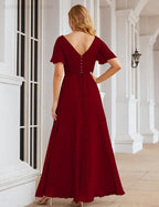 Vestido de Dama de Honra Longo de Chiffon com Decote em V e Cintura Envolvente para Convidados de Casamento  SEA28049