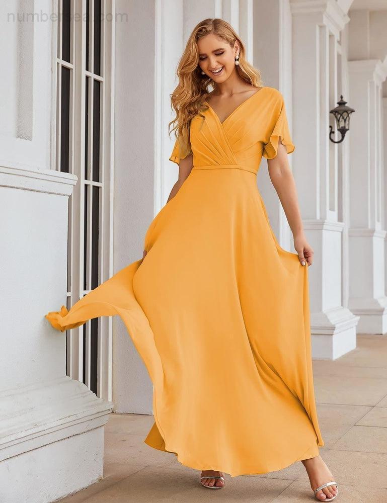 Vestido de Dama de Honra Longo de Chiffon com Decote em V e Cintura Envolvente para Convidados de Casamento  SEA28049