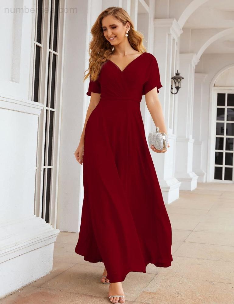 Vestido de Dama de Honra Longo de Chiffon com Decote em V e Cintura Envolvente para Convidados de Casamento  SEA28049