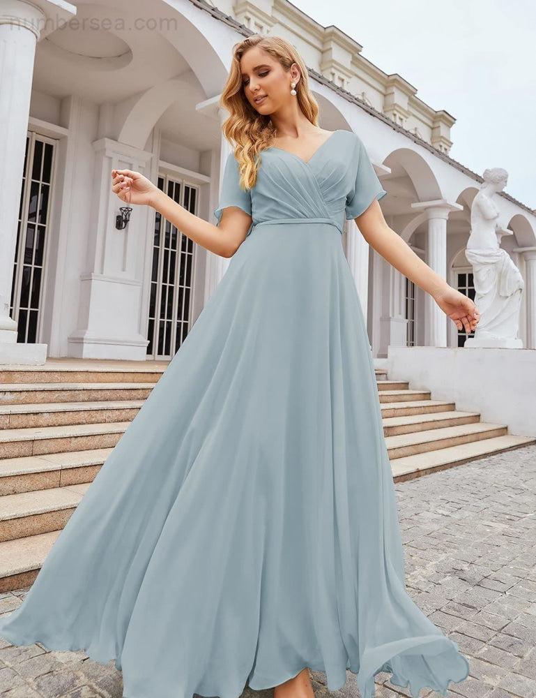 Vestido de Dama de Honra Longo de Chiffon com Decote em V e Cintura Envolvente para Convidados de Casamento  SEA28049