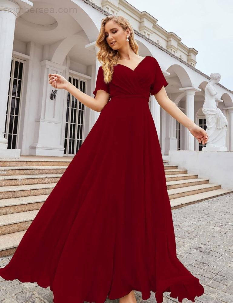 Vestido de Dama de Honra Longo de Chiffon com Decote em V e Cintura Envolvente para Convidados de Casamento  SEA28049