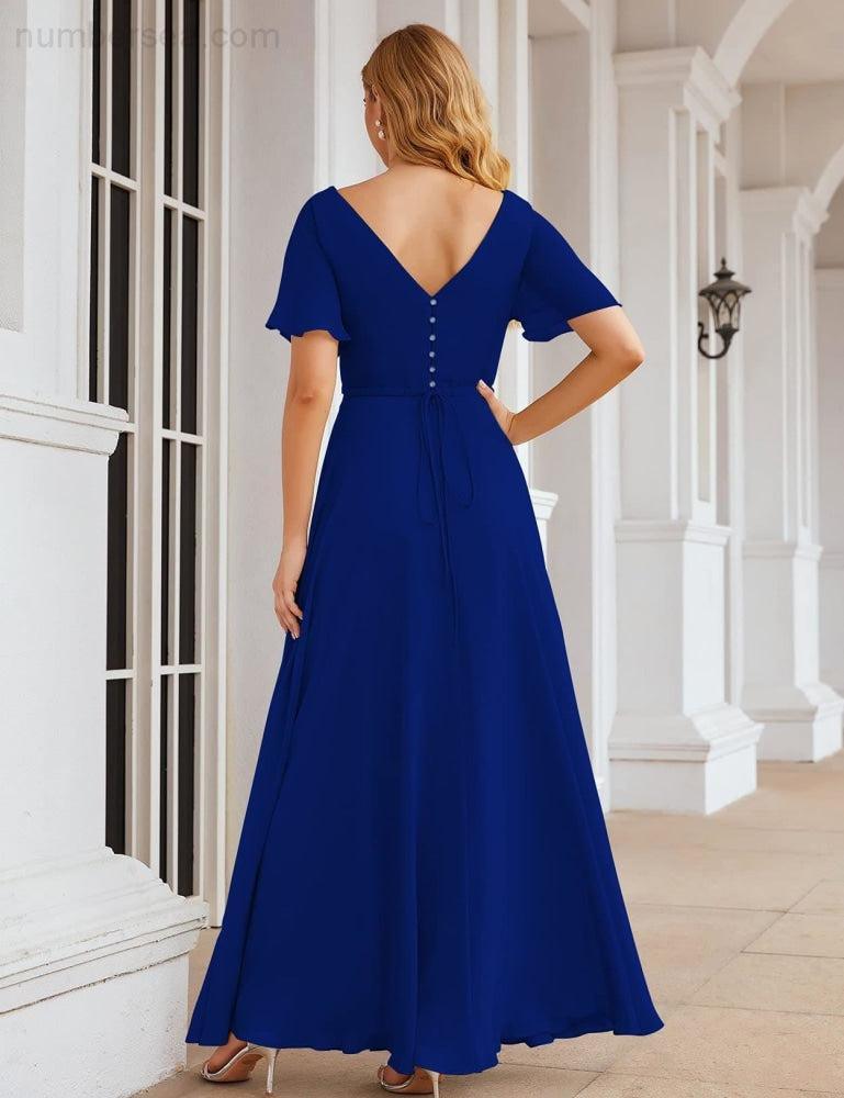 Vestido de Dama de Honra Longo de Chiffon com Decote em V e Cintura Envolvente para Convidados de Casamento  SEA28049