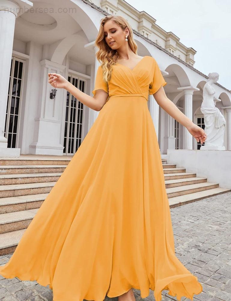 Vestido de Dama de Honra Longo de Chiffon com Decote em V e Cintura Envolvente para Convidados de Casamento  SEA28049
