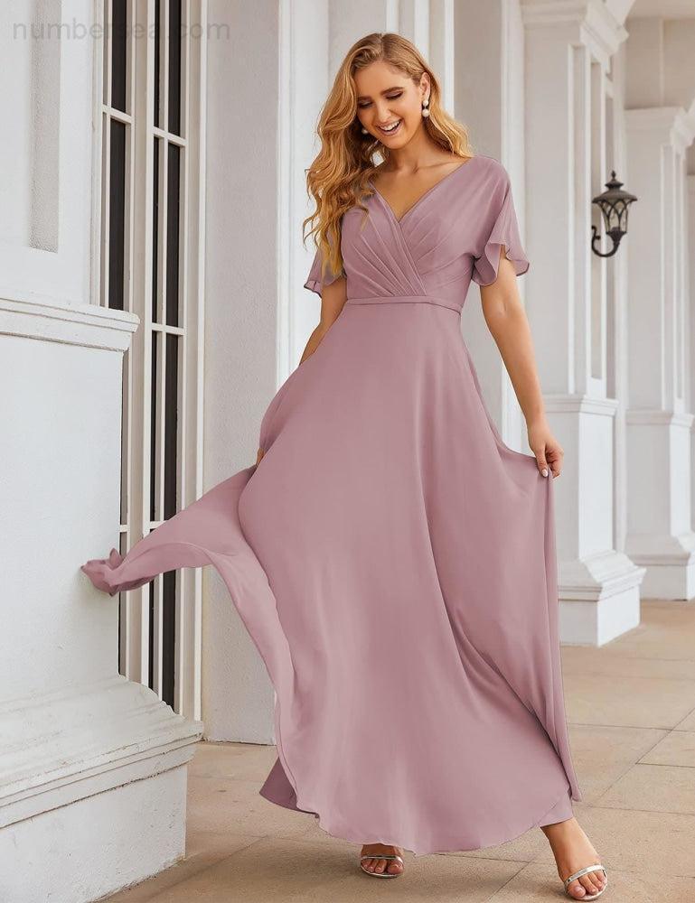 Vestido de Dama de Honra Longo de Chiffon com Decote em V e Cintura Envolvente para Convidados de Casamento  SEA28049