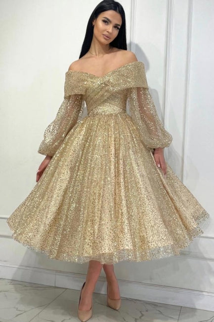 Abito da sera ossessionante oro a linea ad A con scollo a spalle scoperte e paillettes, maniche lunghe