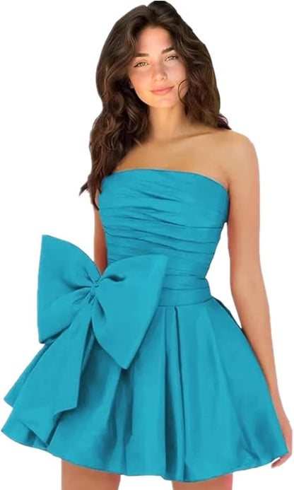 Vestidos de fiesta cortos y elegantes de corte A, sin mangas, sin tirantes, fruncidos, con cordones y lazo