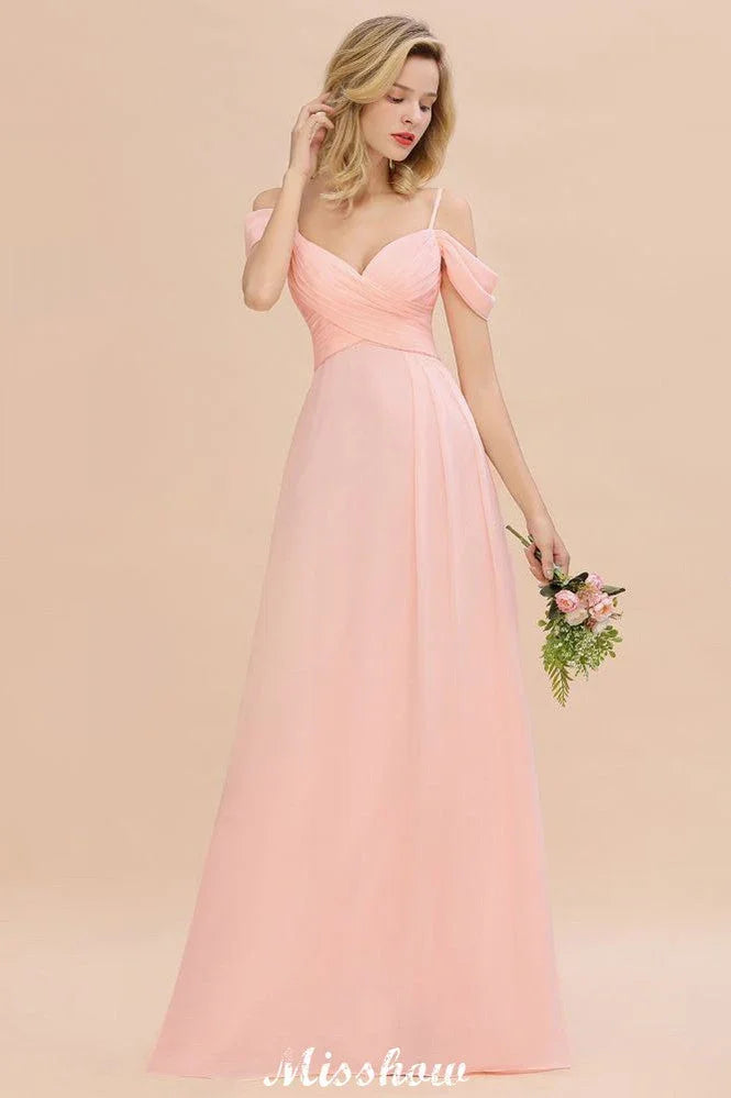 Abito da damigella d'onore in chiffon con spalline scoperte e linea a trapezio