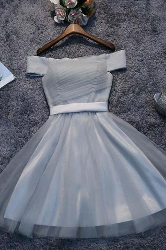 Off Shoulder Grey Tulle Short Prom Dresses Homecoming Dresses