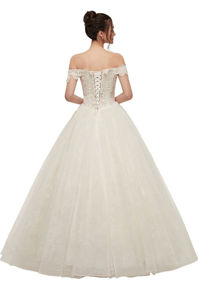 Abito da sposa con scollo a cuore, spalle scoperte, linea a trapezio, allacciatura, lunghezza fino a terra, pizzi applicati