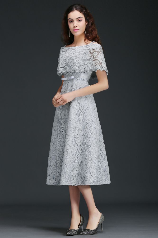 Off Shoulder Tea-Length A Line Lace Homecoming Dresses