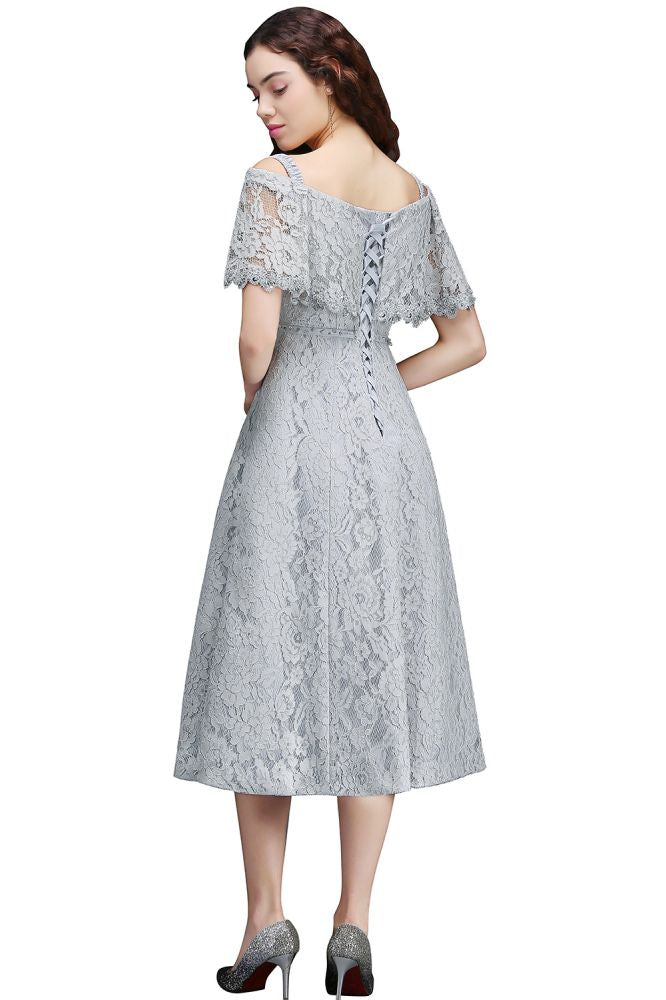 Off Shoulder Tea-Length A Line Lace Homecoming Dresses