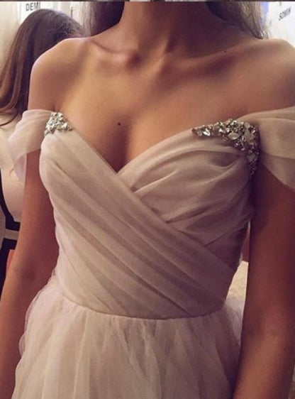 Schulterfreies Tüllärmelchen Blush Brautkleid Buntes Brautkleid