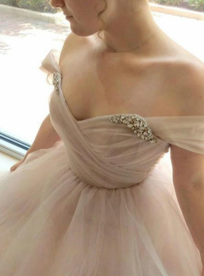 Schulterfreies Tüllärmelchen Blush Brautkleid Buntes Brautkleid