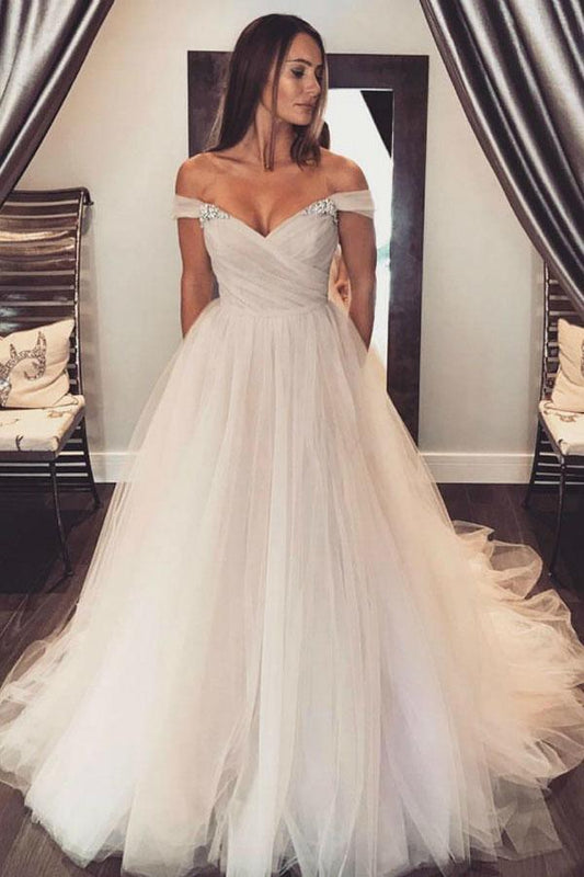 Schulterfreies Tüllärmelchen Blush Brautkleid Buntes Brautkleid