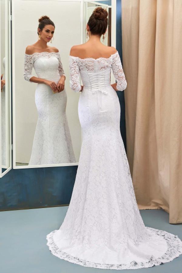 Schulterfreies Brautkleid im Meerjungfrauenstil mit 3/4-Ärmeln und Schnürung