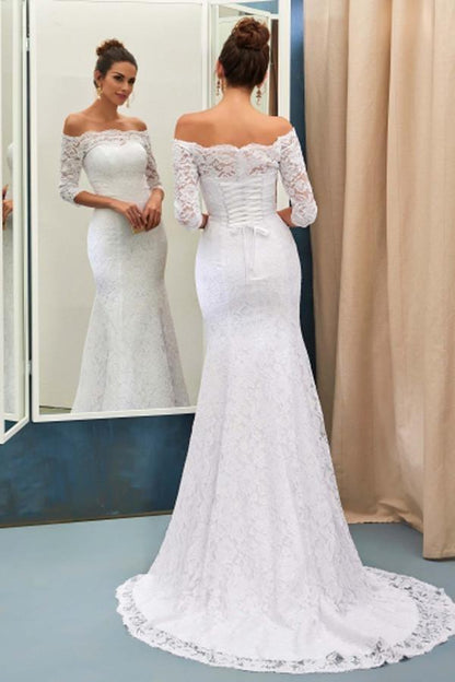 Schulterfreies Brautkleid im Meerjungfrauenstil mit 3/4-Ärmeln und Schnürung