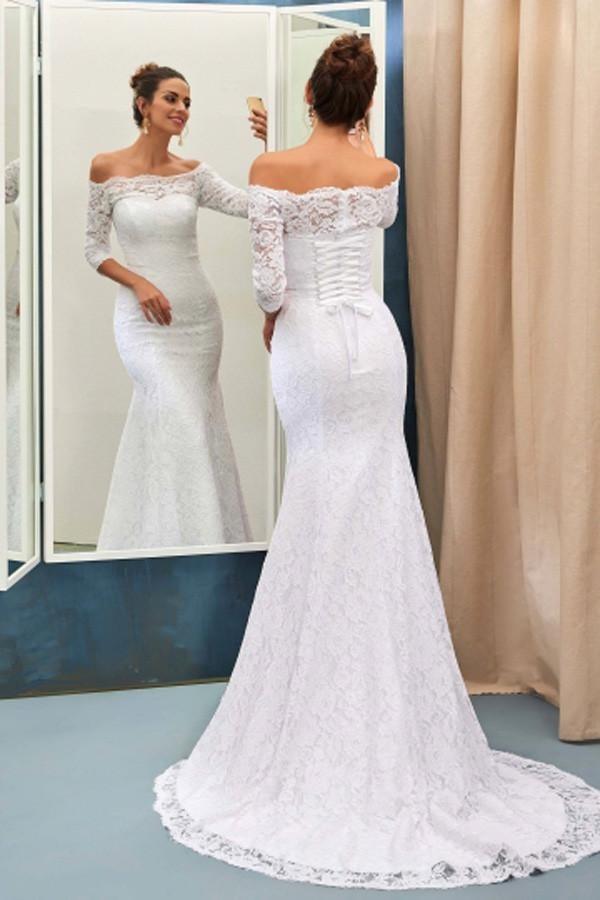 Schulterfreies Brautkleid im Meerjungfrauenstil mit 3/4-Ärmeln und Schnürung