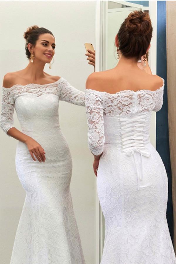 Schulterfreies Brautkleid im Meerjungfrauenstil mit 3/4-Ärmeln und Schnürung