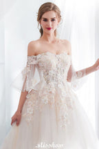 Schulterfreies A-Linien-Ballkleid mit bodenlangem Tüll-Brautkleid mit Applikationen
