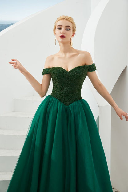 Vestido de fiesta de princesa con hombros descubiertos, corte en A, tul, largo hasta el suelo, con cuentas y cordones