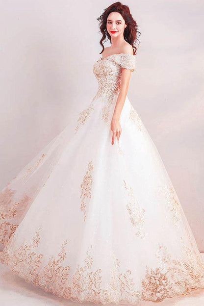 Off the Shoulder Ball Gown Long Wedding Dress with Gold Appliques