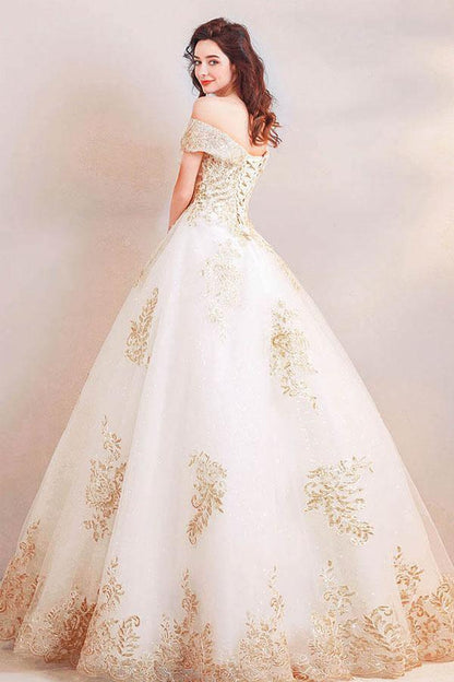 Off the Shoulder Ball Gown Long Wedding Dress with Gold Appliques