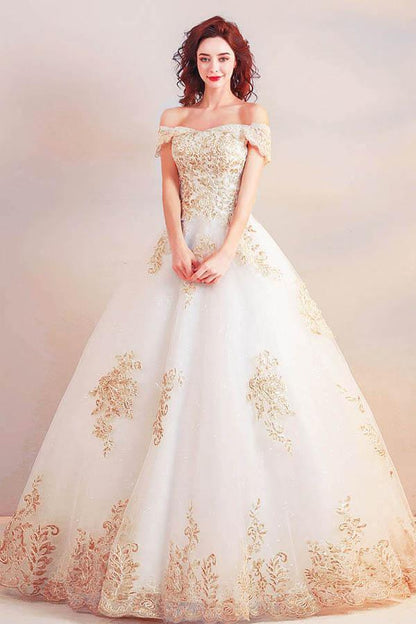 Off the Shoulder Ball Gown Long Wedding Dress with Gold Appliques