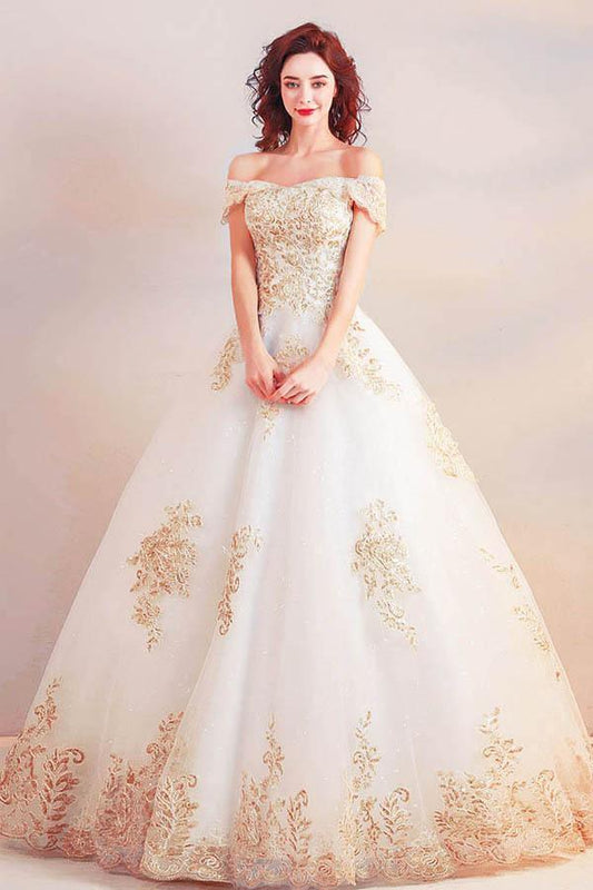 Schulterfreies Ballkleid, langes Brautkleid mit goldenen Applikationen
