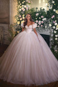 Off-the-Shoulder Ball Gown Tulle Wedding Dress Shinning Sequins