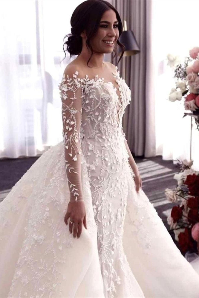 Schulterfreies Brautkleid mit tiefem V-Ausschnitt und Überrock