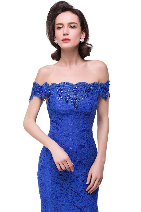 Vestidos de dama de honor sirena de encaje, largos hasta el suelo, con escote a los hombros