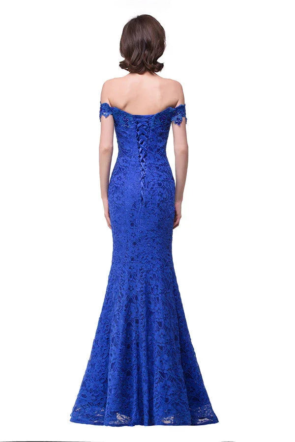 Vestidos de dama de honor sirena de encaje, largos hasta el suelo, con escote a los hombros