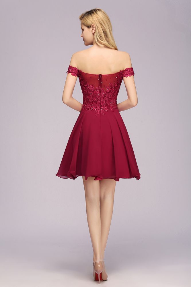 Off the Shoulder Floral Lace Short Homecoming Dress Burgundy Knee Length Chiffon Evening Dress