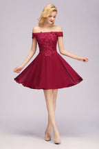 Off the Shoulder Floral Lace Short Homecoming Dress Burgundy Knee Length Chiffon Evening Dress