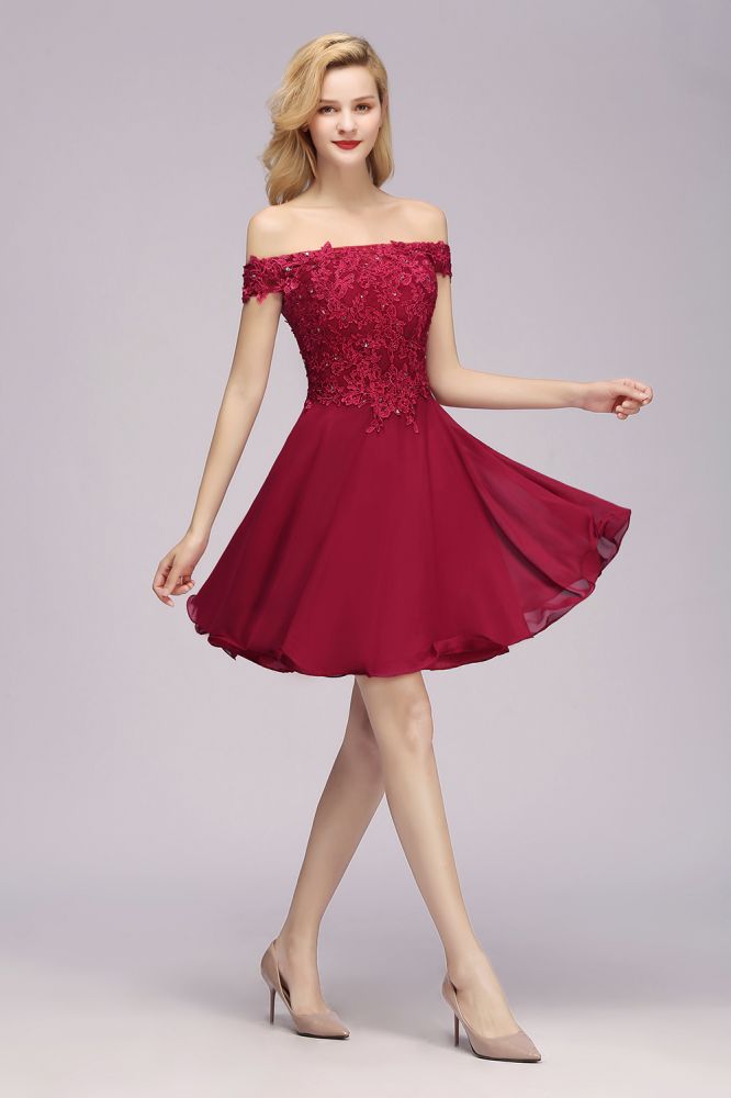 Off the Shoulder Floral Lace Short Homecoming Dress Burgundy Knee Length Chiffon Evening Dress