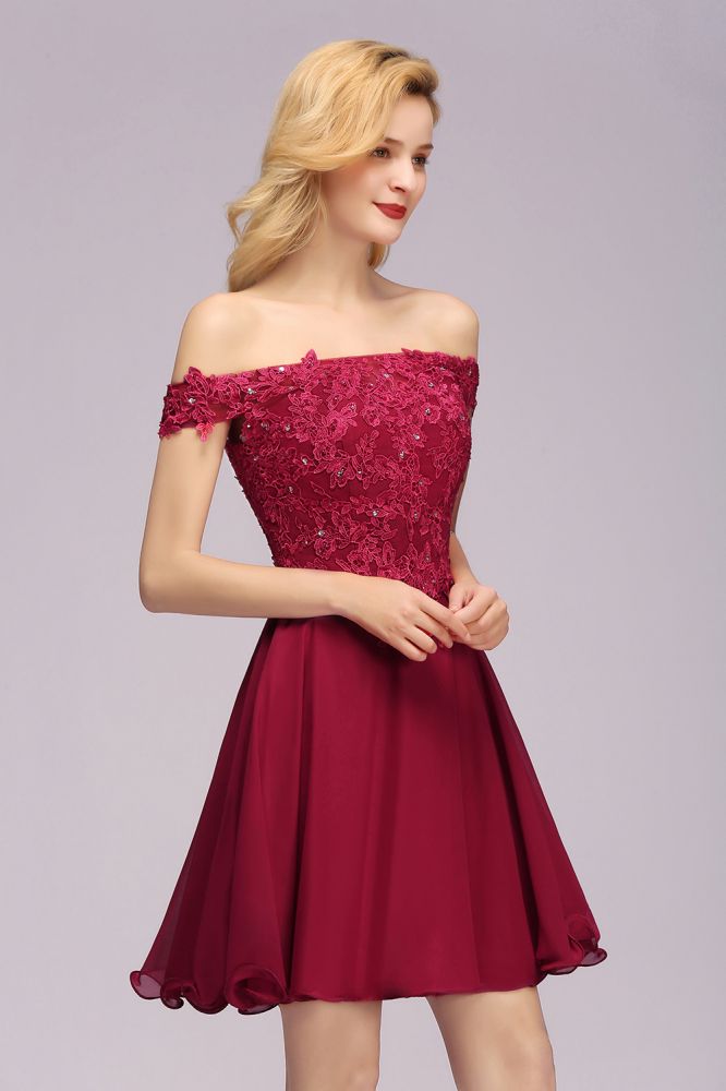 Off the Shoulder Floral Lace Short Homecoming Dress Burgundy Knee Length Chiffon Evening Dress