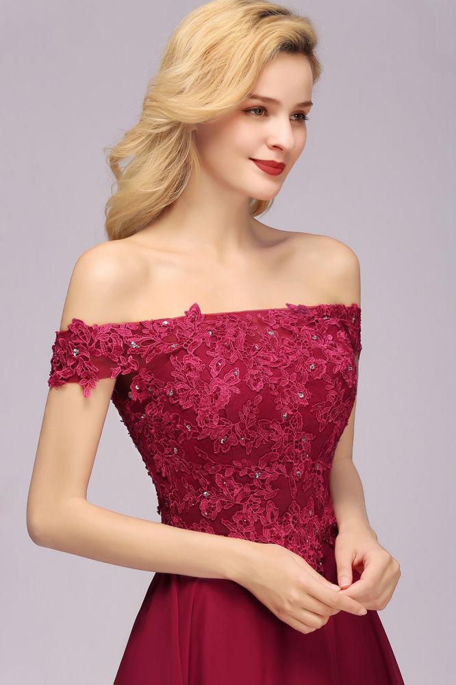 Off the Shoulder Floral Lace Short Homecoming Dress Burgundy Knee Length Chiffon Evening Dress