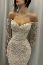 Vestidos de noite com pérolas cintilantes e decote ombro a ombro, estilo sereia, mangas compridas, vestido de baile com bordados de contas