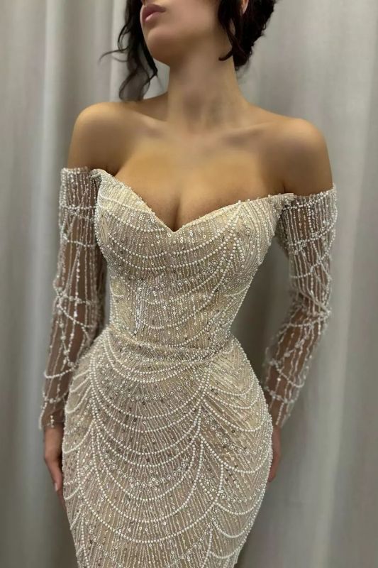 Vestidos de noite com pérolas cintilantes e decote ombro a ombro, estilo sereia, mangas compridas, vestido de baile com bordados de contas