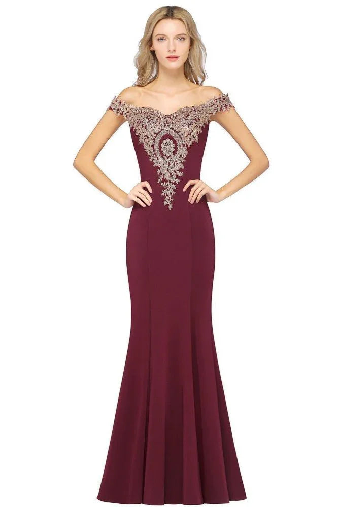 Schulterfreies Abendkleid mit goldenen Applikationen, Meerjungfrau-Schnitt, schmales Ballkleid