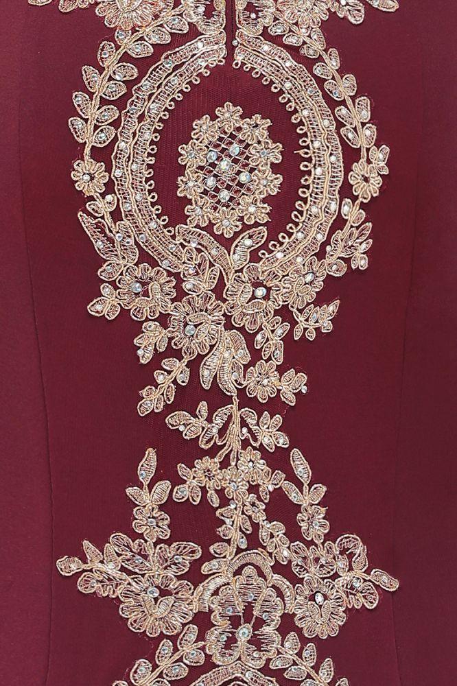 Schulterfreies Abendkleid mit goldenen Applikationen, Meerjungfrau-Schnitt, schmales Ballkleid