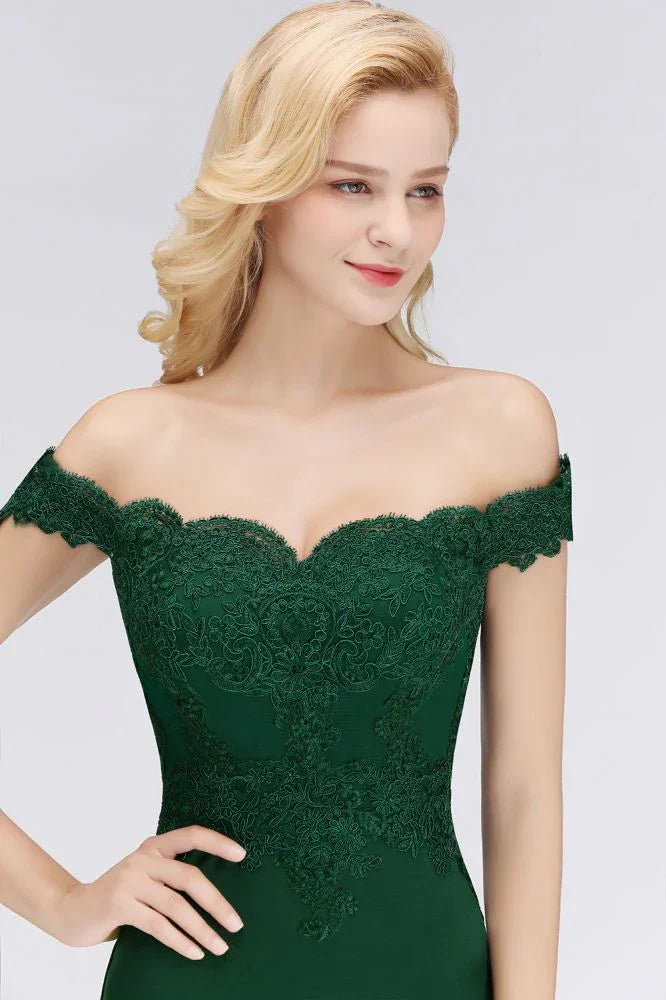 Robe de bal sirène en satin à longues appliques et épaules dénudées pour demoiselle d'honneur