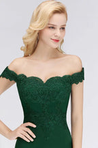 Robe de bal sirène en satin à longues appliques et épaules dénudées pour demoiselle d'honneur