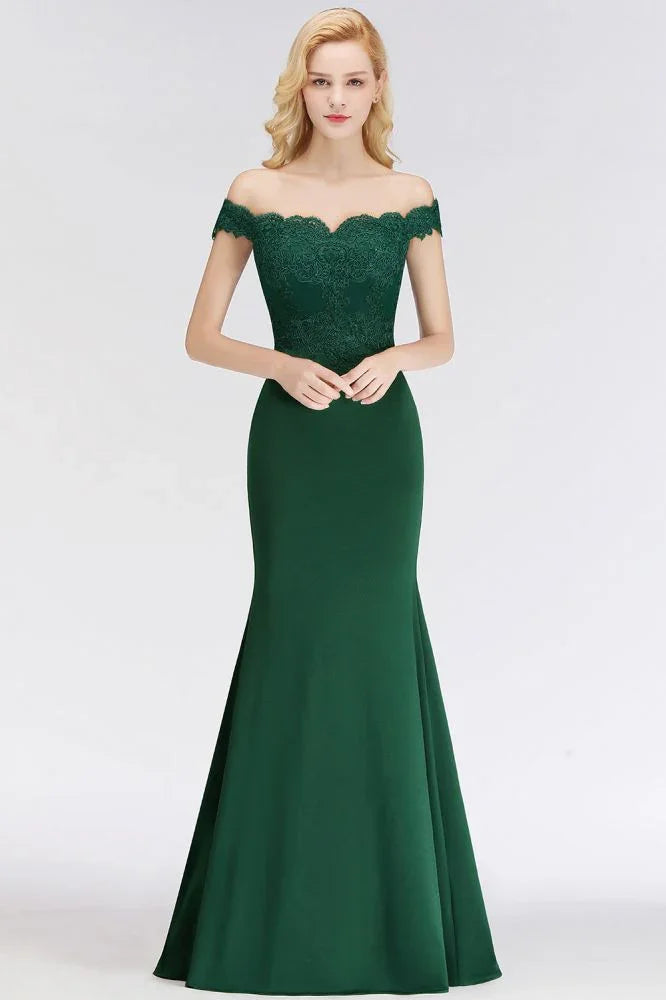 Robe de bal sirène en satin à longues appliques et épaules dénudées pour demoiselle d'honneur