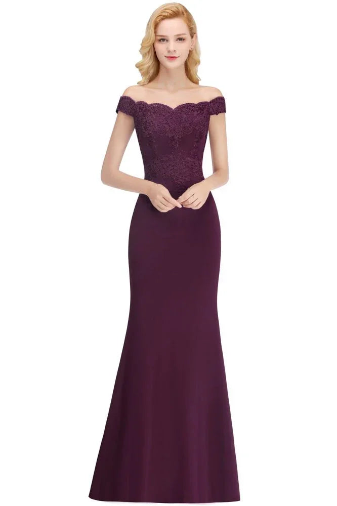 Robe de bal sirène en satin à longues appliques et épaules dénudées pour demoiselle d'honneur