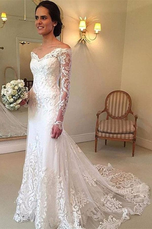 Schulterfreies Brautkleid mit langen Ärmeln und Spitze 