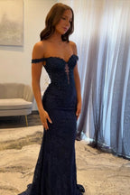 Navy Prom Dress Off The Shoulder Mermaid Long Lace Formal Gown