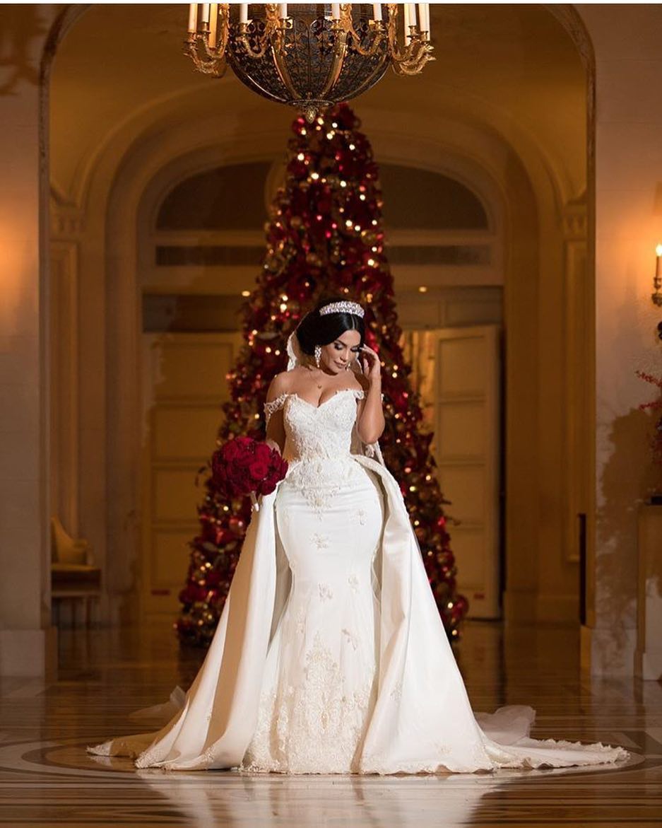 Off The Shoulder Mermaid Lace Wedding Dress With Overskirt Lace Appliques