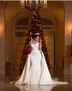 Off The Shoulder Mermaid Lace Wedding Dress With Overskirt Lace Appliques