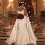 Off The Shoulder Mermaid Lace Wedding Dress With Overskirt Lace Appliques